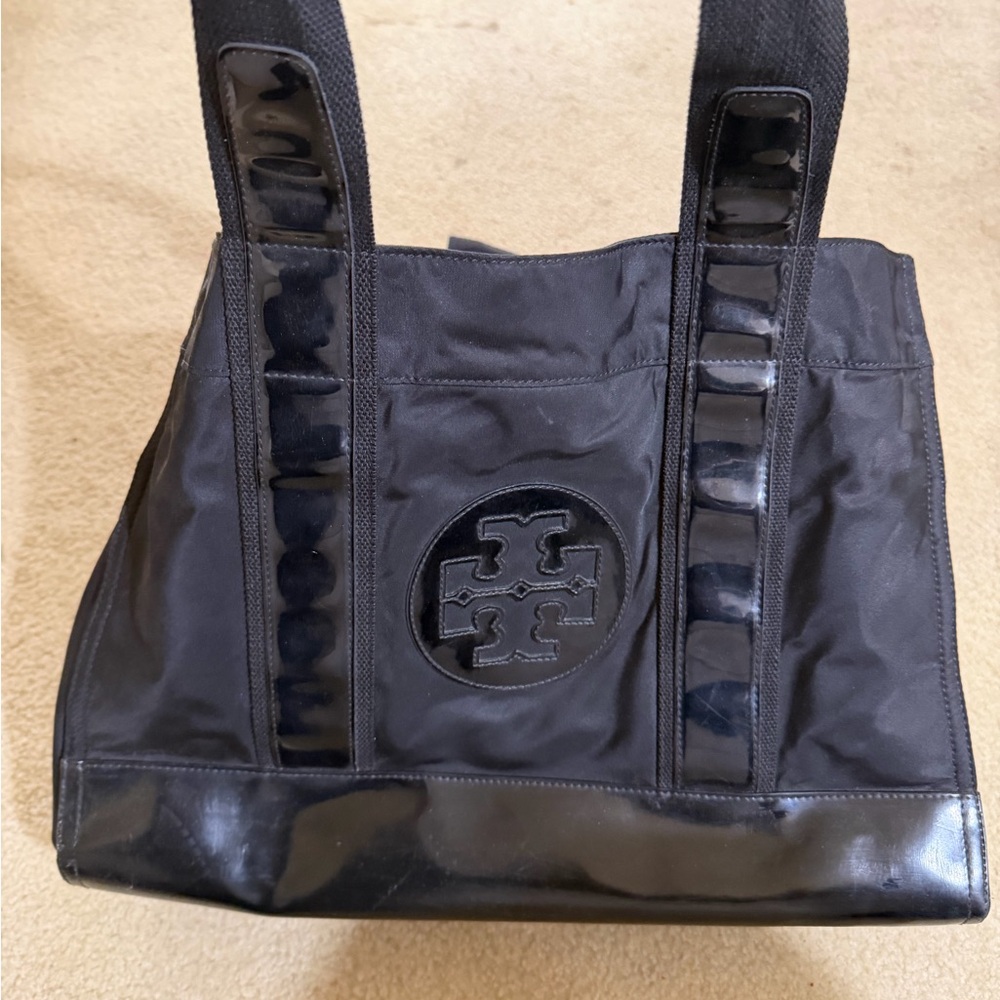 Tory Burch Black Nylon Tote with Patent Trim